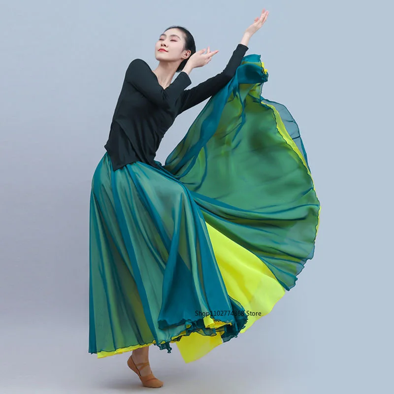 Gonna da ballo classica da donna Elegante doppia chiffon Flamenco Performance moderna Gonna altalena da palcoscenico Avvolgente Gonna eterea da 720 gradi