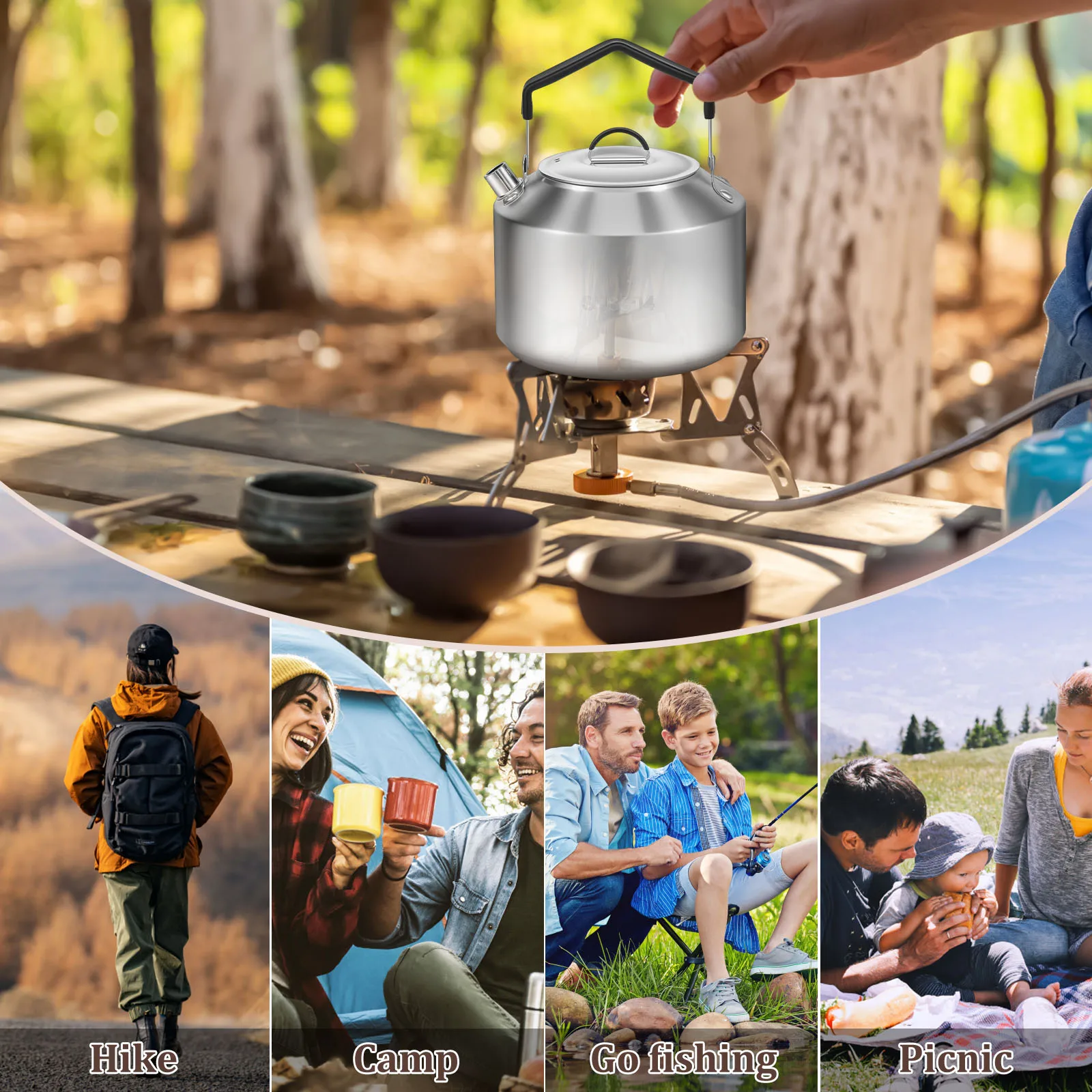 Bollitore da campeggio con manico antiscottatura Teiera da campo portatile in acciaio inossidabile per viaggi, attività all'aperto, teiera all'aperto