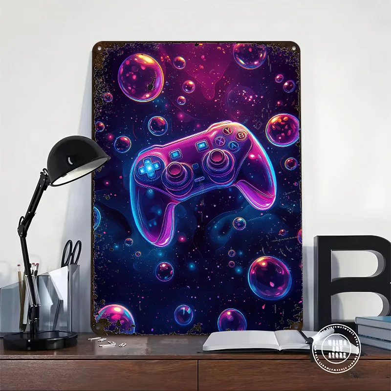 Neon Game Controller in Space Bubbles Printed Poster Customized Retro Wall Art Vintage Metal Tin Signs for Gamer Decoration Home