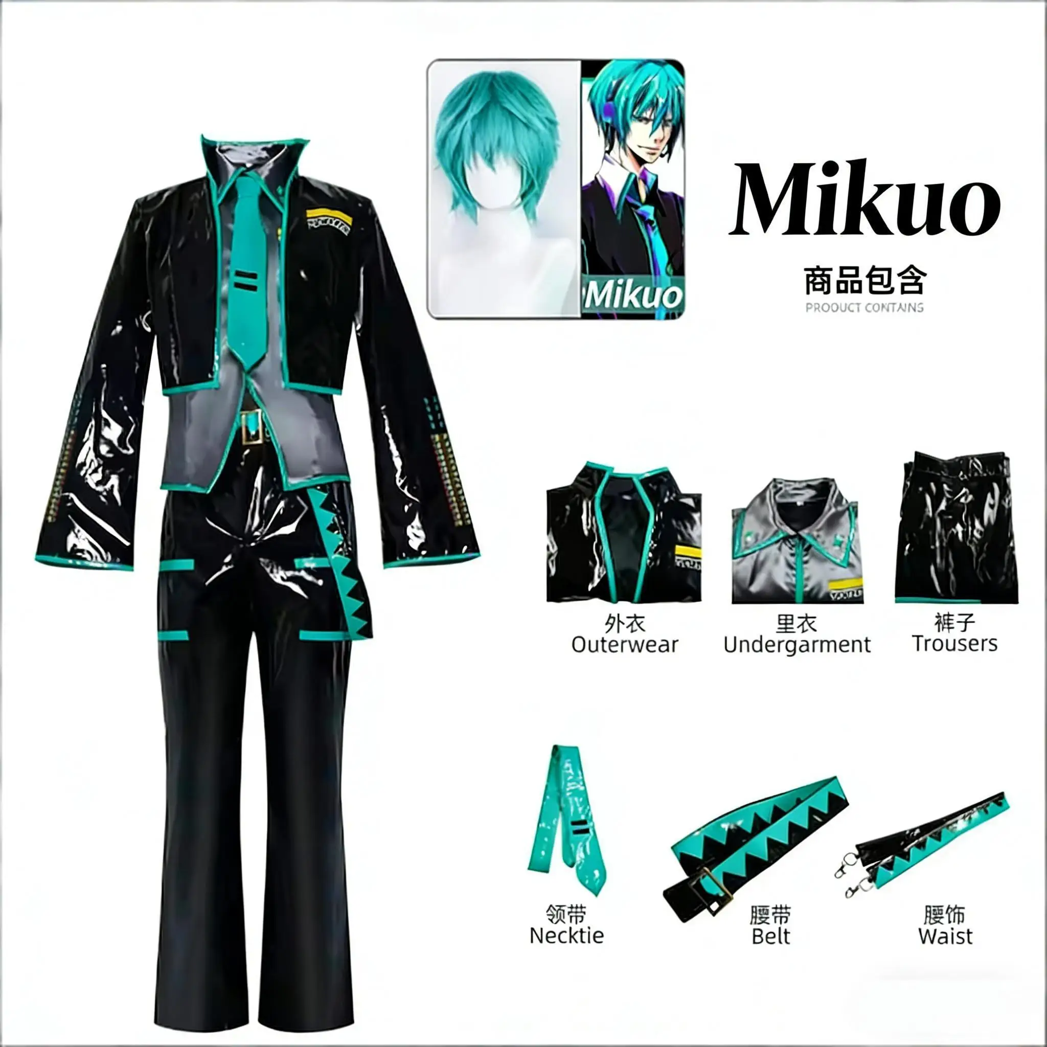 Green Themed Anime Male Cosplay Costume Complete Set with Black Jacket and Green Wig, Customizable Sizes view 6