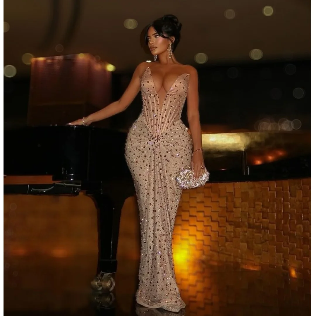

Exquisite Crystal Evening Dresses Woman Bustier Corset Prom Dress Pleated Wedding Party Gown Customized Floor Length Vestidos