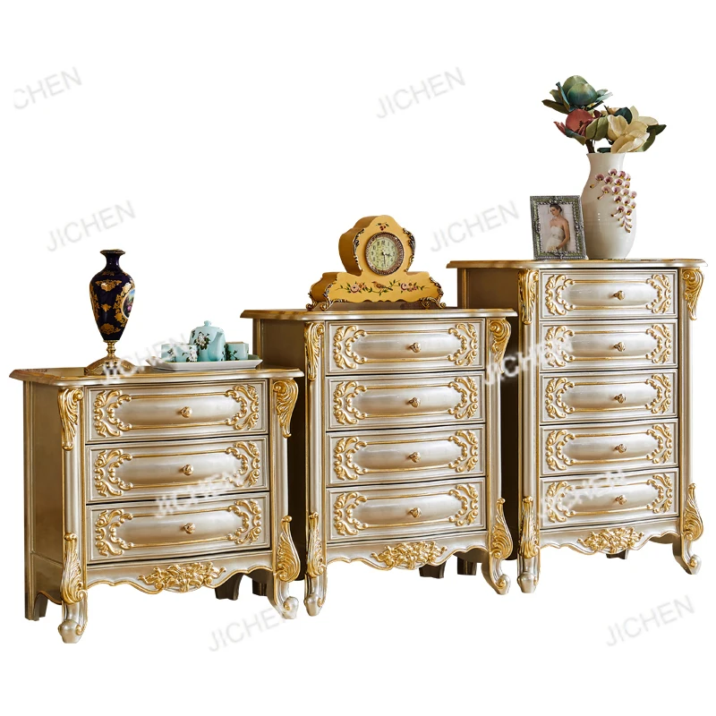 

European Solid Wood Chest American Luxury Bedroom Living Room Carved Locker Champagne Gold Storage Cabinet 3456 Drawer Cabinet