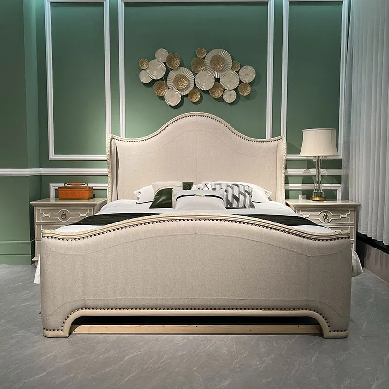 American Retro 1.8-meter Double Bed Customized French Antique Carved Solid Wood Washable Soft Pack Luxurious Eco-Friendly Hotel