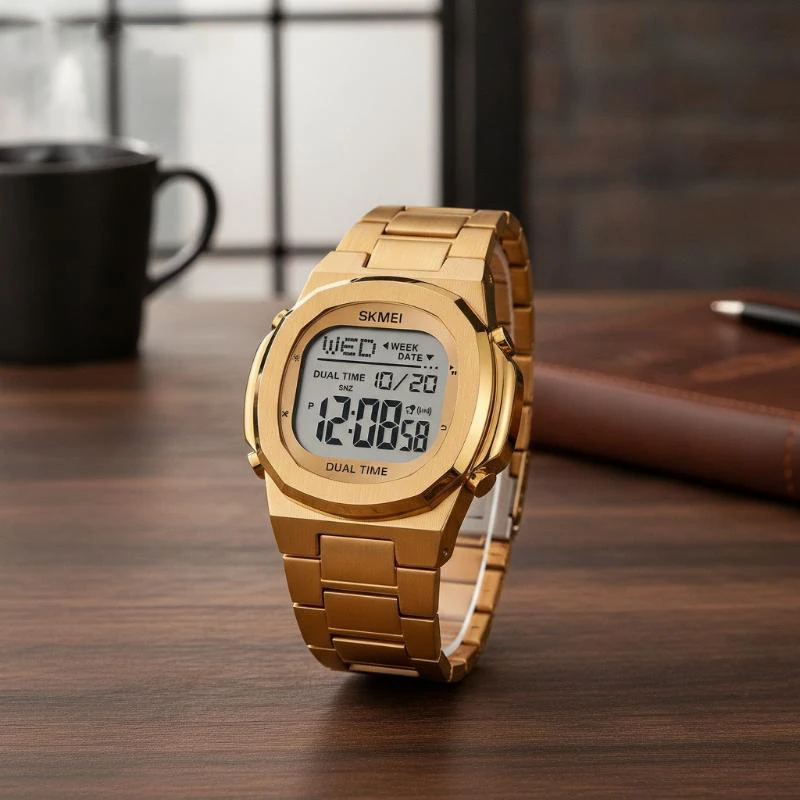 Goldene Digitaluhr mit Edelstahlarmband, Doppelzeit, Wochentags- und Datumsanzeige für den täglichen Business- und Freizeitgebrauch. – Detail 2