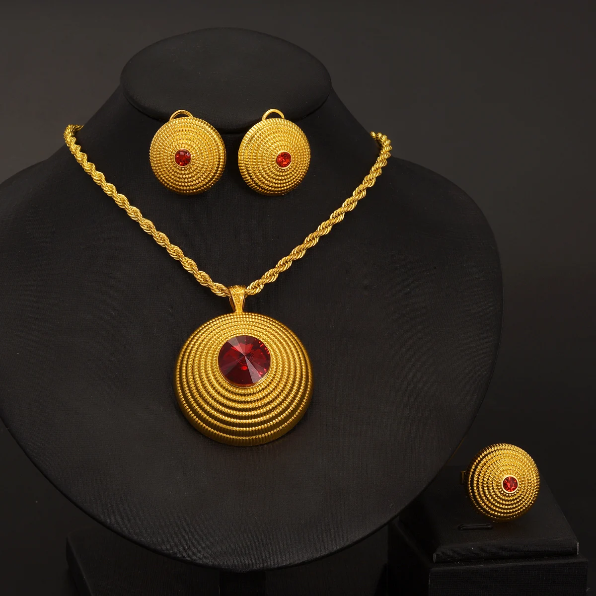 Gold Color Round Red Zirconia Jewelry Set Middle East Dubai Pendant Necklace Ring Earring Arab Ethiopian Bride Wedding party