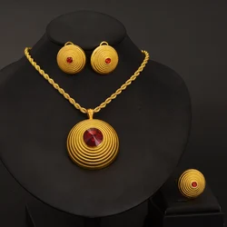 Gold Color Round Red Zirconia Jewelry Set Middle East Dubai Pendant Necklace Ring Earring Arab Ethiopian Bride Wedding party