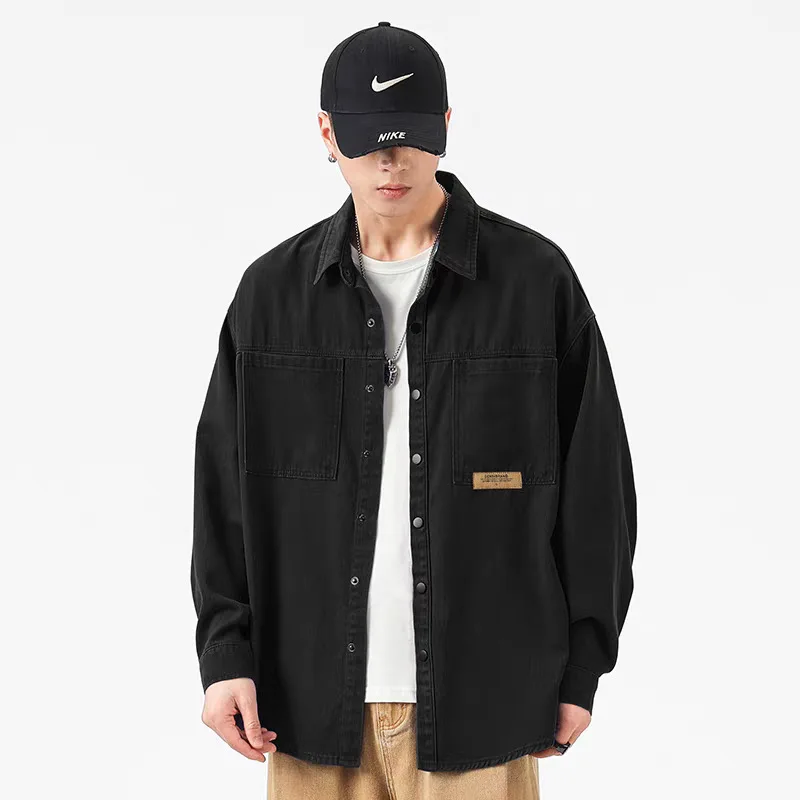 American-Style-Casual-Long-Sleeve-Workwear-Shirt-Men's-Versatile-Fashionable-Outerwear-Breathable-Polyester-Blend-Loose-Fit