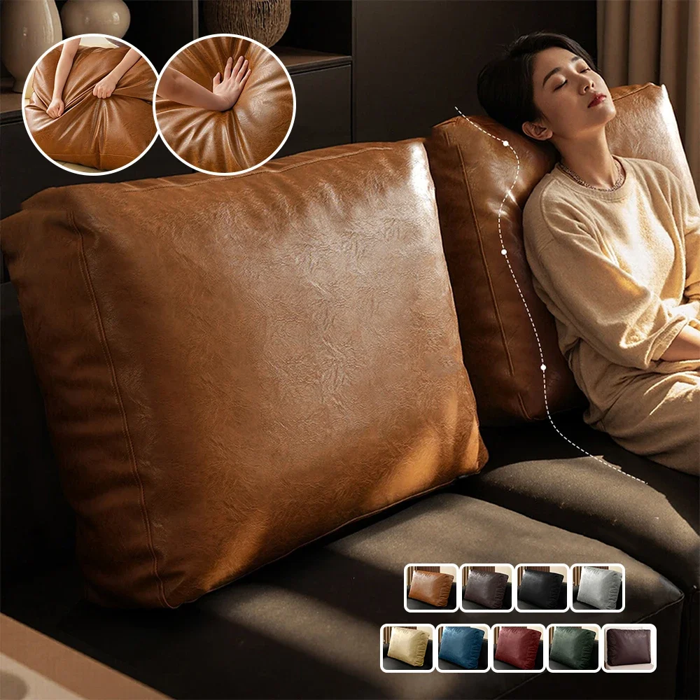 Luxuriou Faux Leather Sofa Back Cushion Cover Rectangular Soft Backrest Lumbar Pillowcase Waterproof Bed Pillowcase Home Decor