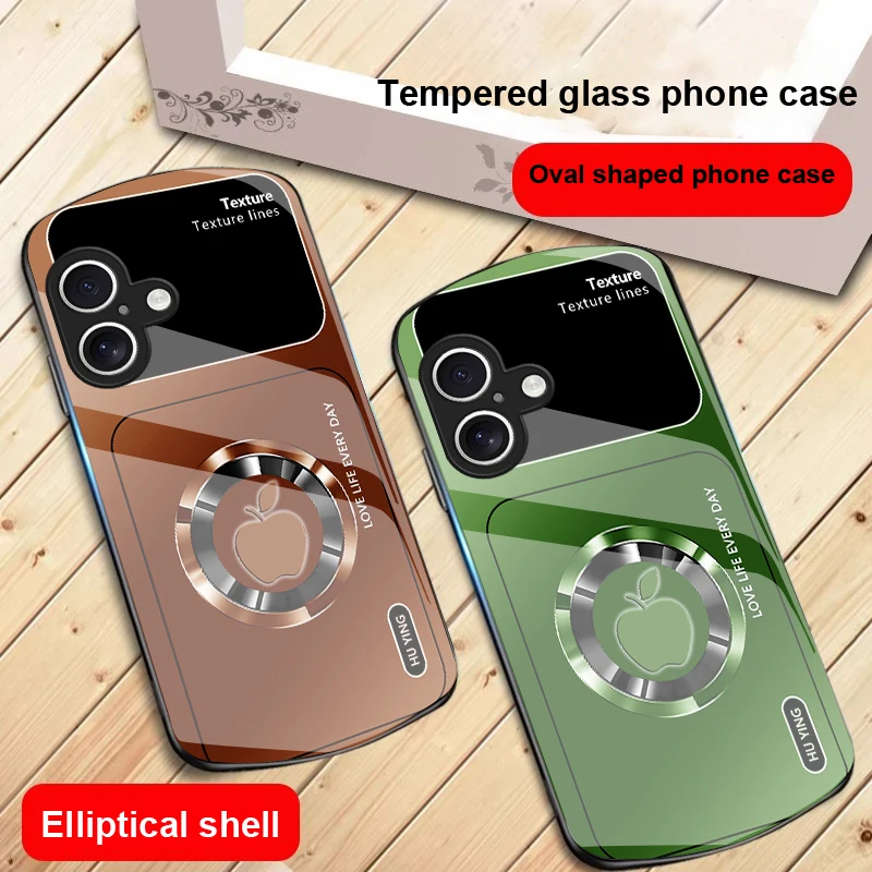 أيقونة أبل على شكل دائرة فضية لهاتف آيفون 17 16 15 14 13 Plus 12 mini 11 Pro Max XR Xs Max X 7 8 6S 22 20 حافظة هاتف زجاجية بيضاوية الشكل