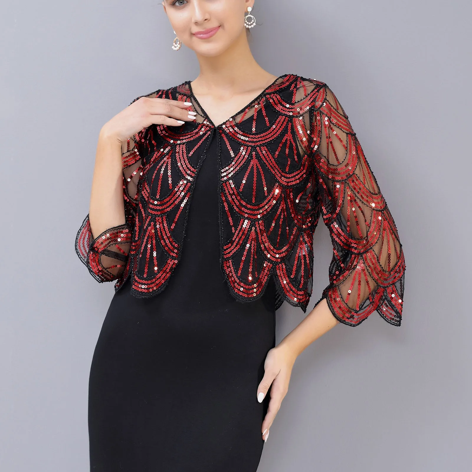 Xale cheongsam lantejoulas para mulheres, xale manga 3/4, cardigã curto, jaqueta pequena, envoltórios de cobertor, lenços, novo