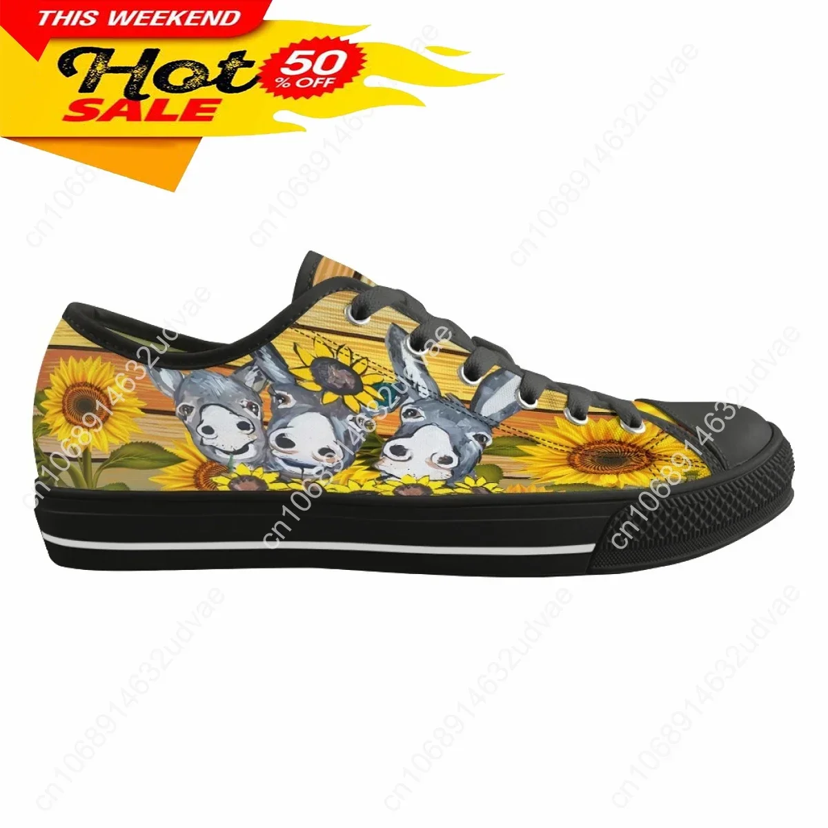 Fashion Hot Farm Donkey Sunflower Pattern Print Women's Casual Flat Shoes Classic Canvas Shoes Outdoor Sports Low Top Sneakers