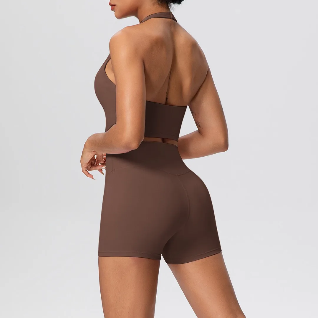 

Женский бюстгальтер с бретелькой на шее, спортивные шорты, комплект для йоги, матовый, плотный, с высокой талией, подтяжка бедер, фитнес-костюм для бега, тренировок в тренажерном зале, комплект для йоги