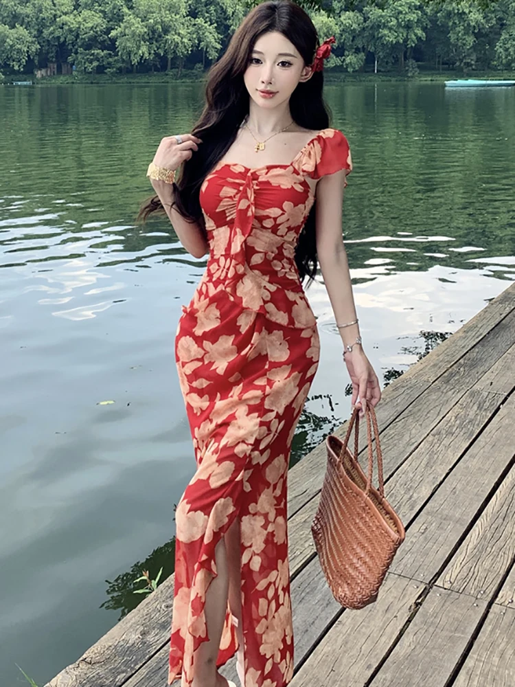 Abito lungo da donna con colletto quadrato in rete floreale rossa Abito estivo Boho elegante casual da vacanza 2025 Abito da festa coreano aderente per festival