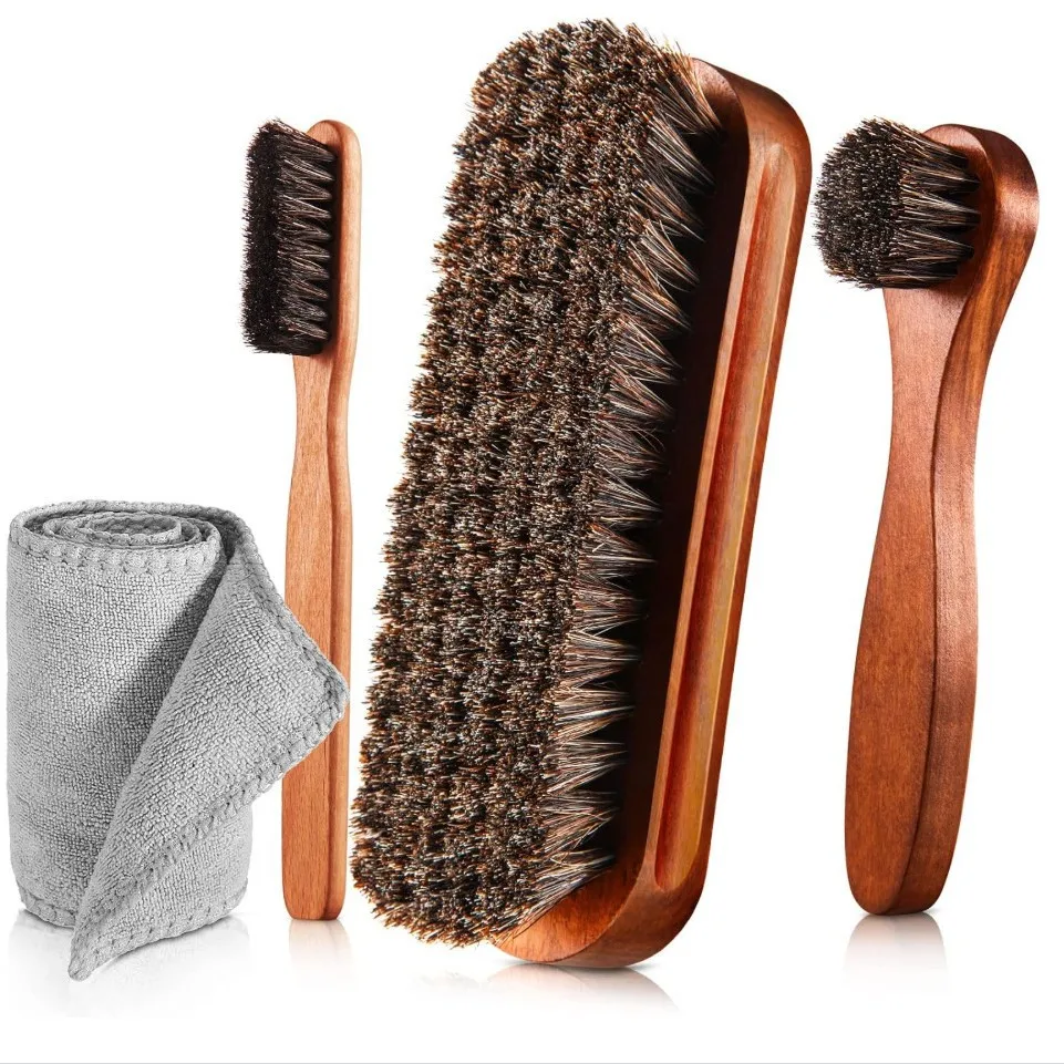 Horsehair Shoe Brush 4Pcs Kit Polishing Applicator Gloss Boot Care Suede Cleaning Car Interior Brush Set Household accessories