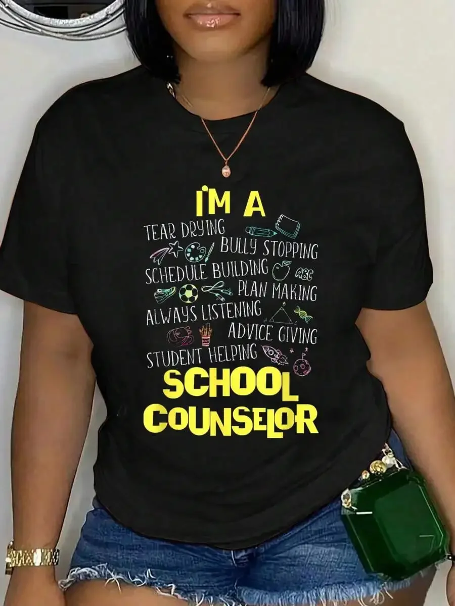 Women School Counselor Graphic Tee I'm A School Counselor Letter Print Crew Neck Short Sleeve Back To School Casual Cotton T Shirt Counselor Gift Daily Wear Top