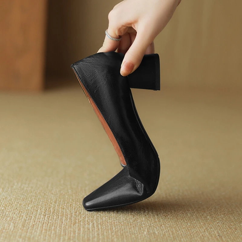 NEW Spring/Autumn Women Pumps Genuine Leather Shoes for Women Square Toe Chunky Heel Women Shoes Elegant Mid-Heel Office Shoes