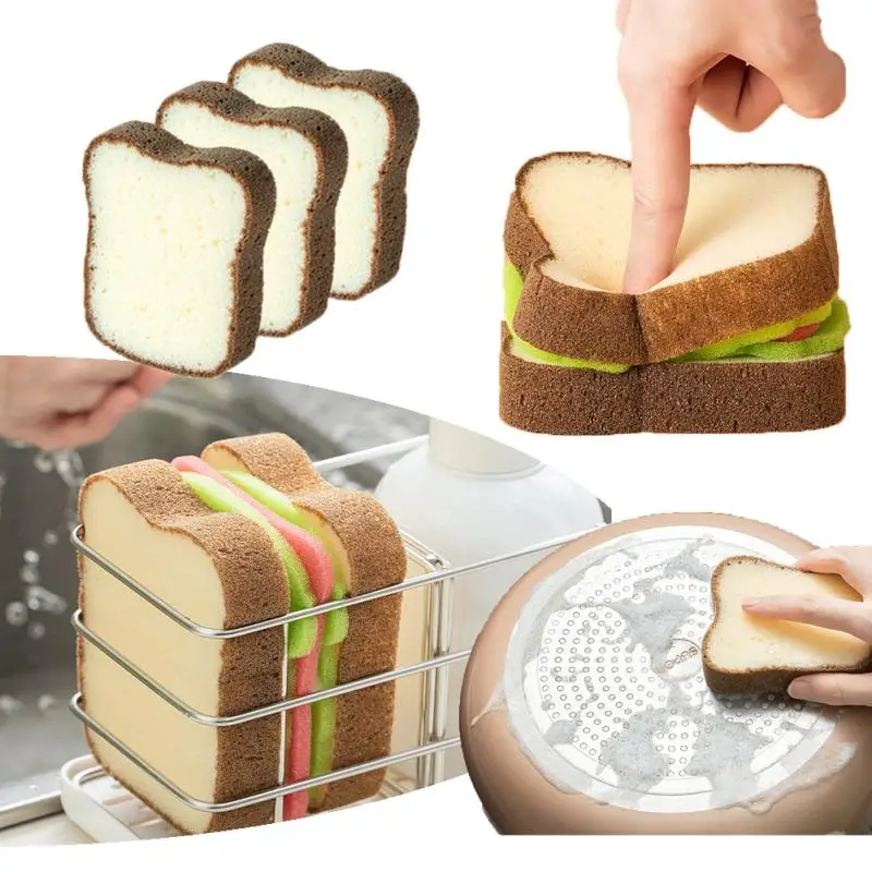 Dish-Washing Sponges Cute Toast Shape Washable Scrubber Tools For Pots Sandwich Type Dishcloth Kitchen Cleaning Towel Brushes