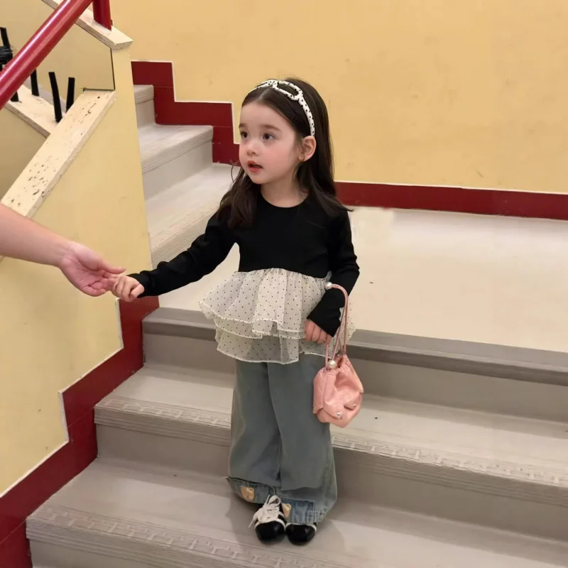 

Girls Suit2026Early spring new style children's versatile patchwork mesh polka dot top and trendy denim pants for baby girls