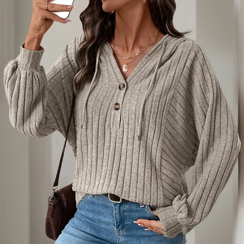 

2025 Autumn and Winter Women's Solid Color Sanding Pit Loose Casual Hooded Knitted Sweater