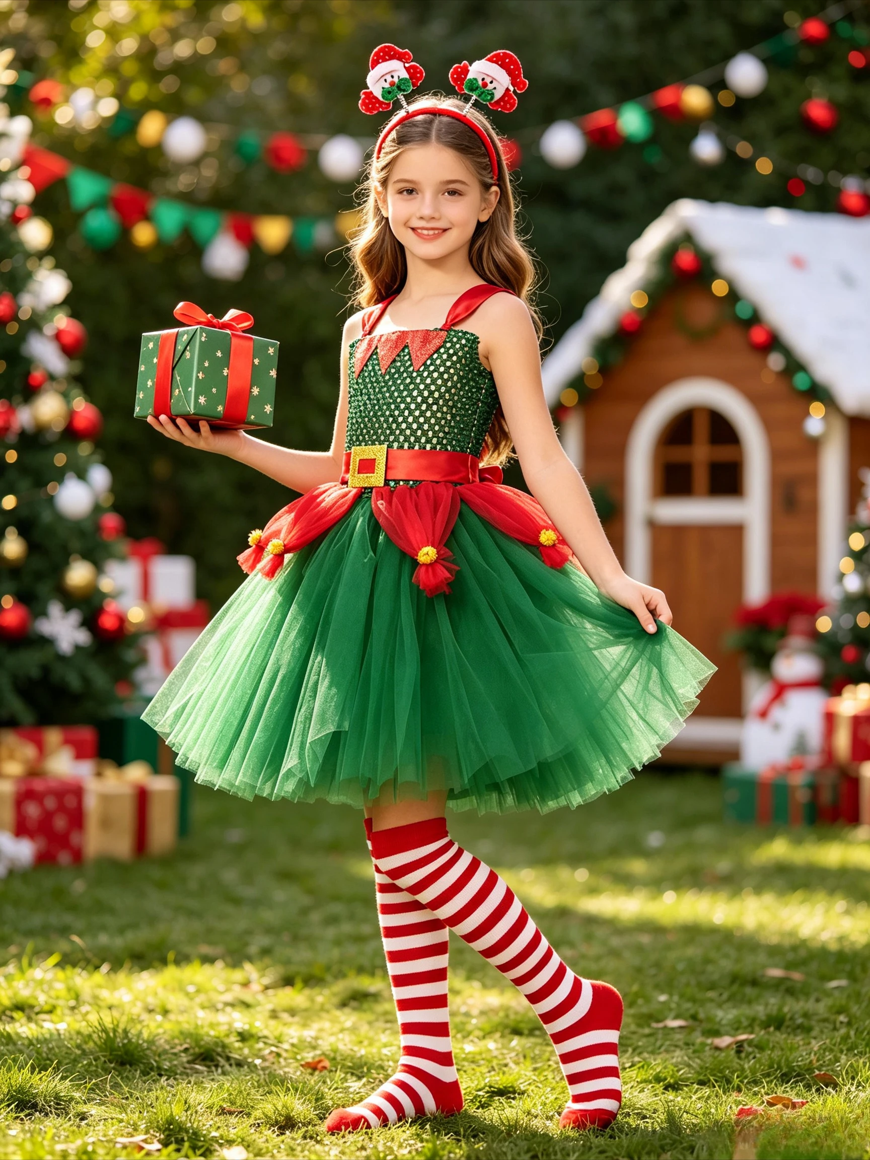 Girls Red Green Christmas Tree Cute Pom Pom Decoration Tulle Tutu Dress With Headband Socks Outfit For Holiday Praty Performance
