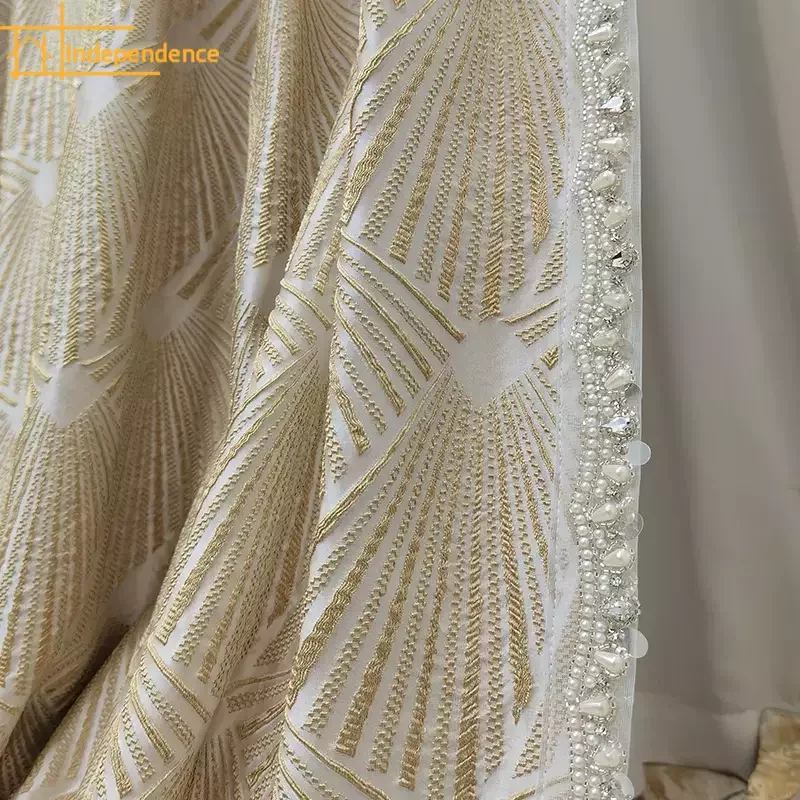 

Customized Beige Fan Relief Pearl Lace Splicing Curtains for Living Room Bedroom French Window Balcony Villa Finished Products