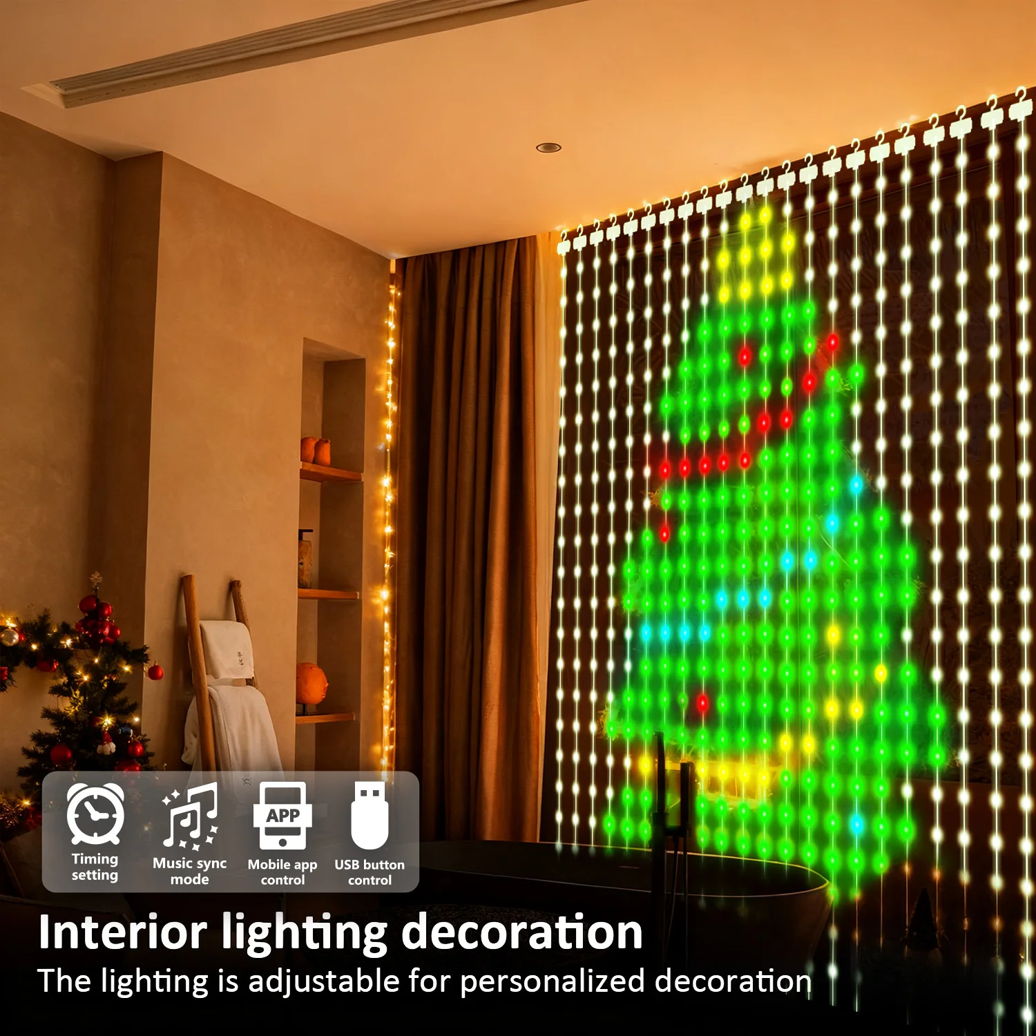 

Pattern LED Light with APP Control -400-LED,USB Powered Music-Synced RGB Lights,DIY Smart Curtain Lights|
