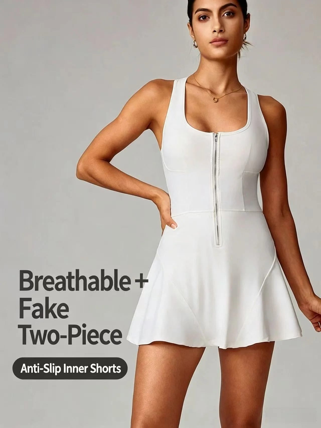 Women Tennis Pickleball Dress Sleeveless Slim with Chest Pad Fitness Dress Half Zipper A-lined Athletic Skirts with Inner Short