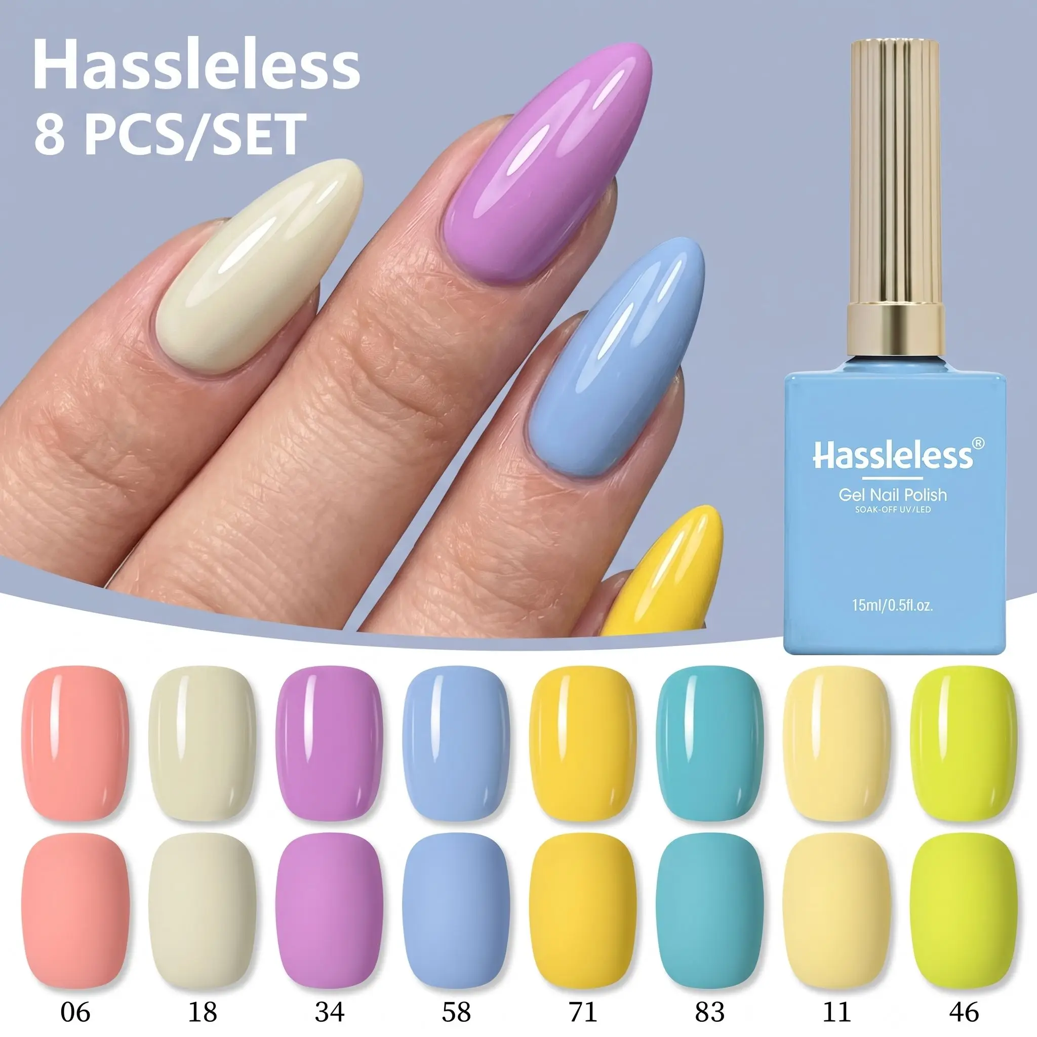 Hassleless 8Pcs Macaron-Colored Gel Nail Polish, Gentle on Nails, Non-Irritating, Curable Nail Gel, Mirror-Like Shine, Wear-Resistant Nail Set