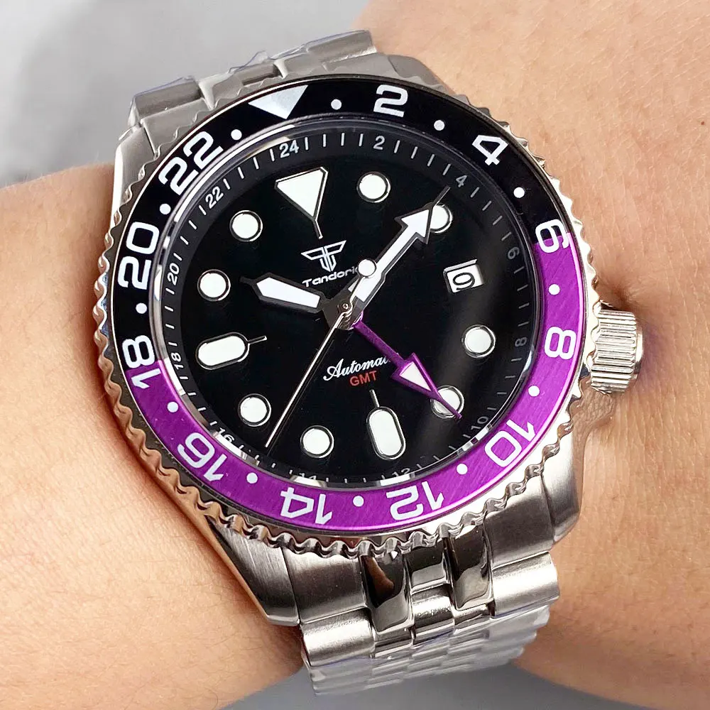 Tandorio أسود أرجواني الحافة الأخضر مضيئة 20ATM غواص 3.8 تاج ساعة NH34AA التلقائي التلقائي الرجال الساعات الياقوت الزجاج