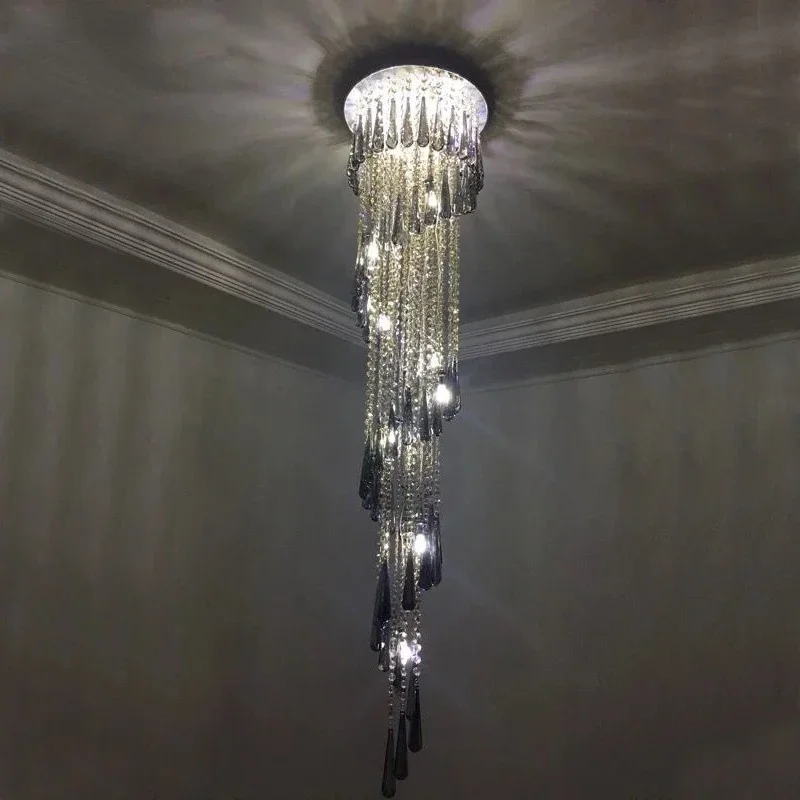 Lustre moderno iluminação escada fumaça cinza lâmpada de cristal design espiral decoração para casa luminárias