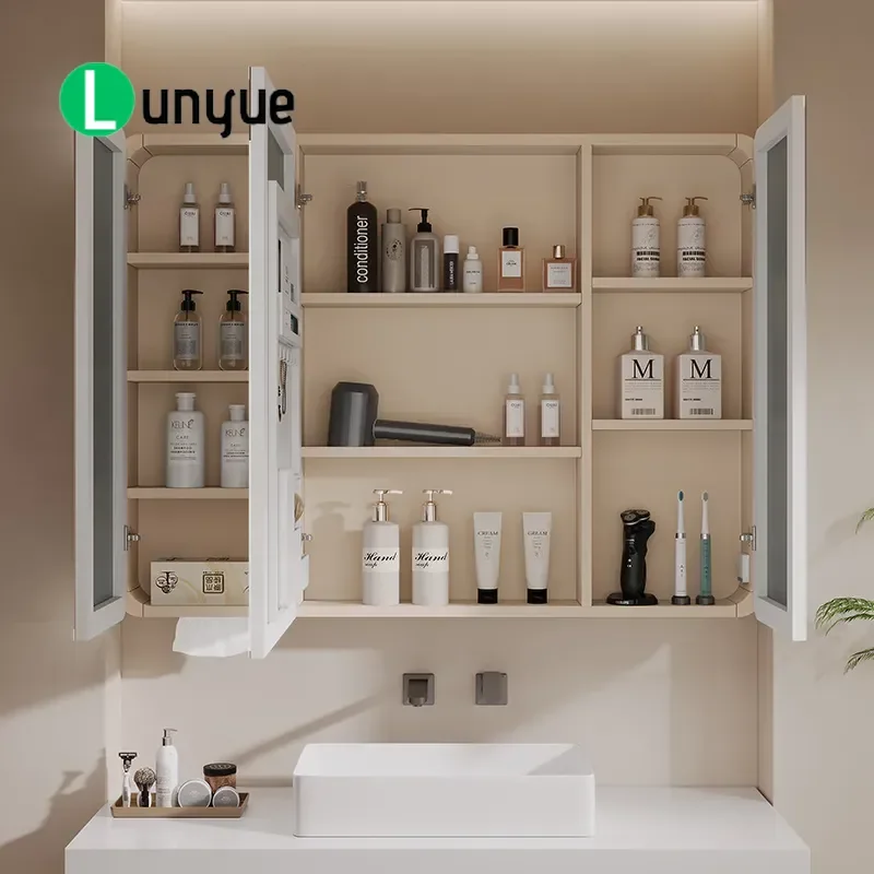 Smart Aluminum Bathroom Mirror Cabinet with Storage Socket and Hair Dryer Holder Fully Sealed Arc Design Space Saving Single