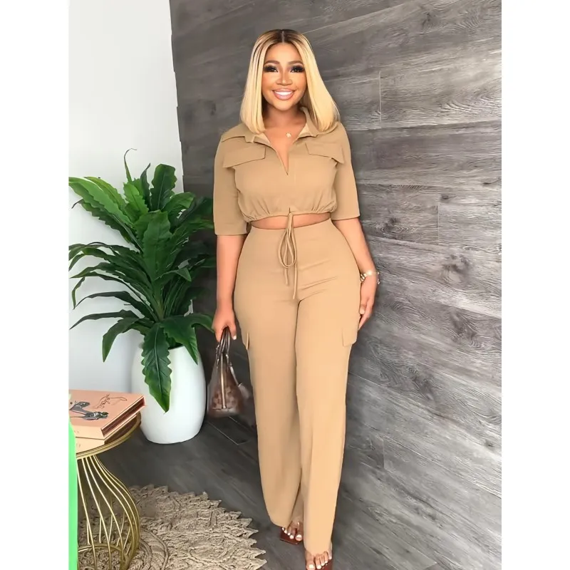 Elegancki zestaw damski Casual Drawstring Half Sleeve Short Blouse High Waist Straight Wide Leg Pant Suit Tracksuit Two Piece Outfit