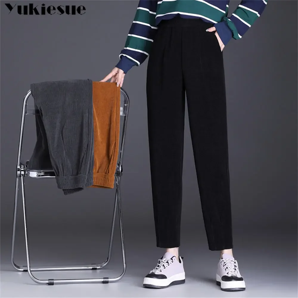 Otoño Invierno pantalones cálidos de pana para mujer Leggings pantalones Harem de cintura alta pantalones de mujer de felpa gruesa Vintage pantalones casuales sueltos