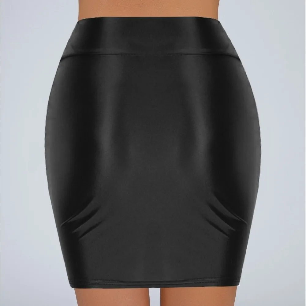 Fashion Solid Color Oil Glossy Mini Skirt Elastic Satin Bodycon Tight Pencil Dress Tight High Waist Shiny Skirt Festival