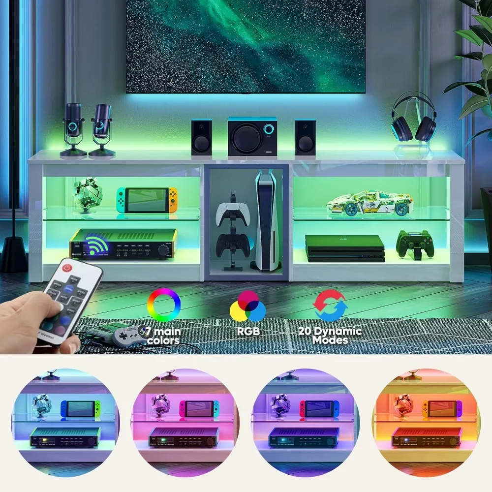 حامل تلفزيون عالي اللمعان لتلفزيون 70 بوصة، مركز ترفيه الألعاب لجهاز PS5، خزانة تلفزيون LED مع أرفف زجاجية لغرفة المعيشة، 63 بوصة