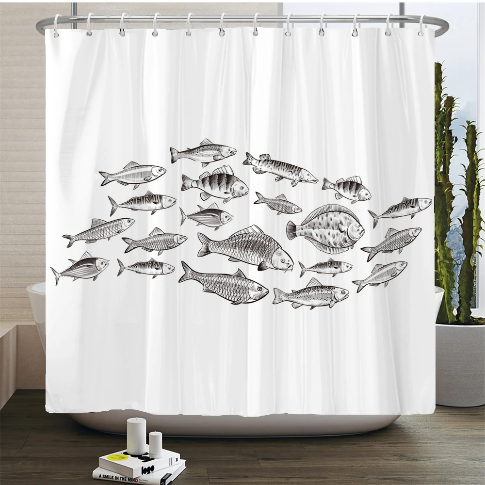 Simple Style line Fish Shower Curtain Printed Modern Nordic Minimalist Polyster Fabric Home Decor Bathroom Curtain with Hooks