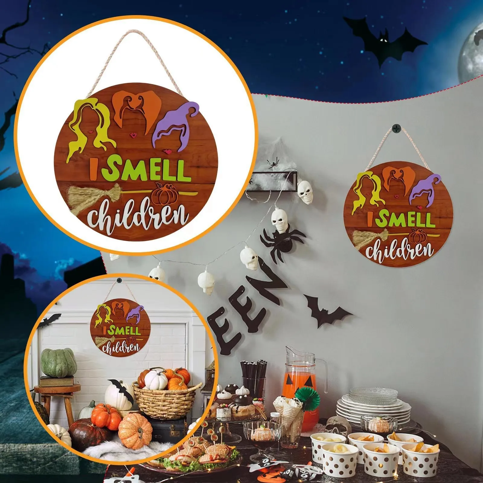 

Halloween Wooden Door Hanger Indoor Outdoor Wall Decoration I Smell Children And Bats Hanging Sign Welcome Wreath Hanging Decor