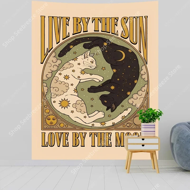 VIKAMA Sun Moon Cat Tapestry, Boho Celestial Yin Yang Print Wall Hanging for Bedroom Dorm Living Room Home Decor