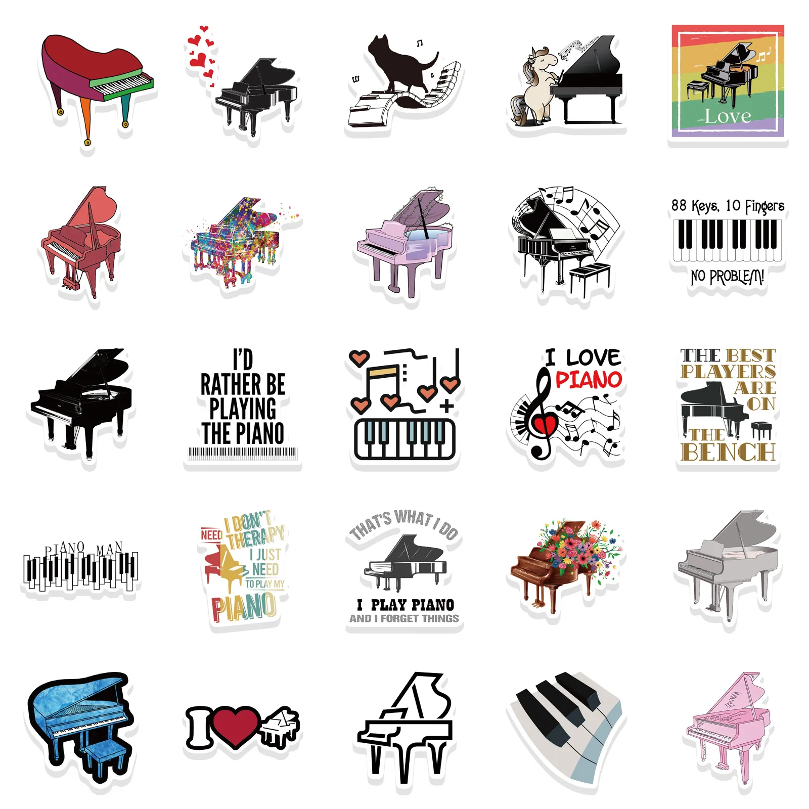 Impermeável PVC Cartoon Reward Sticker para Crianças, Piano, Instrumento Musical, Graffiti, Capacete, Skate, DIY, Brinquedo, 10 Pcs, 30 Pcs, 50Pcs