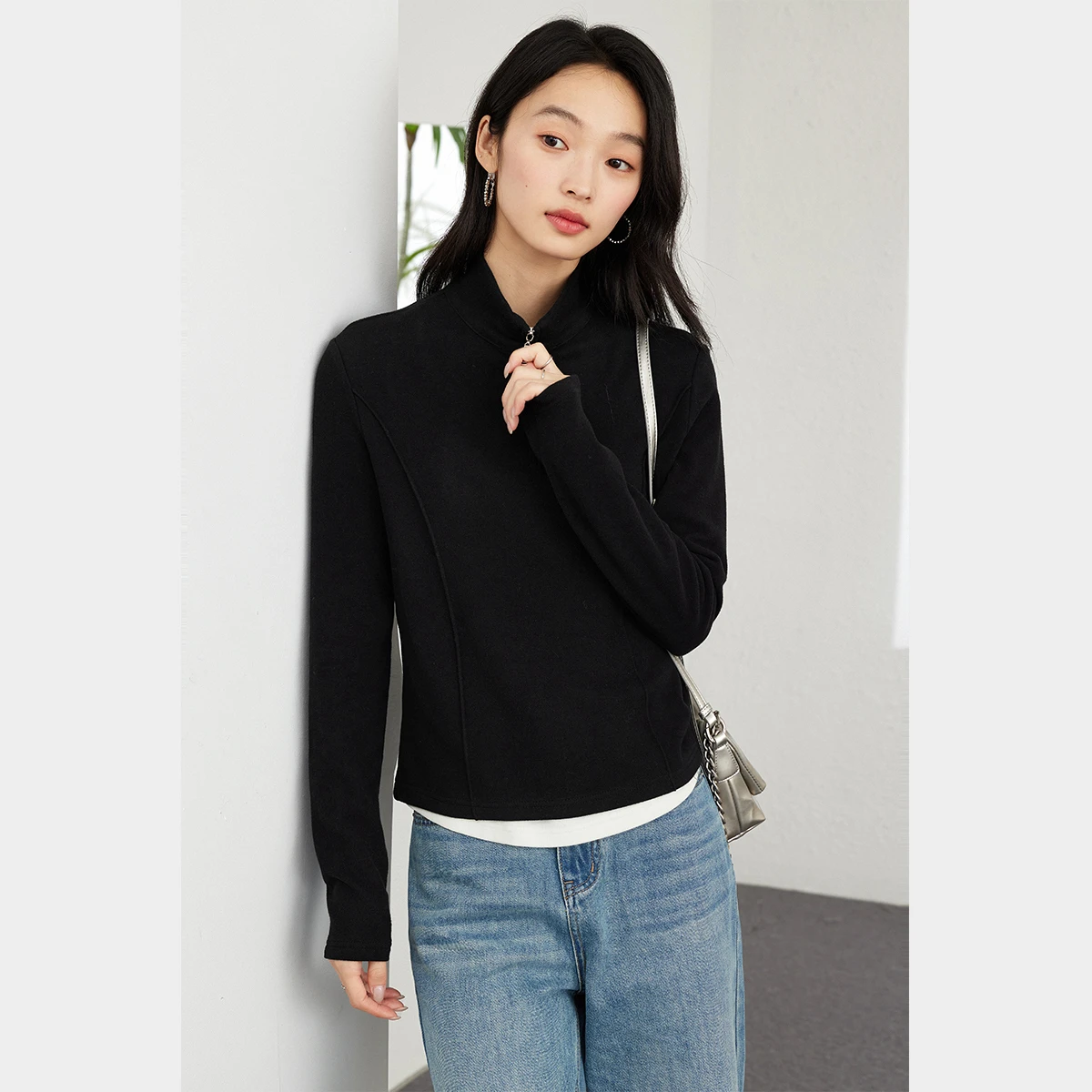 

VIMLY Women's Black T-shirt Casual Patchwork 2 in 1 Stand Neck Woman Tees Winter 2025 Knit Half-zip Long Sleeve Female Top M9099