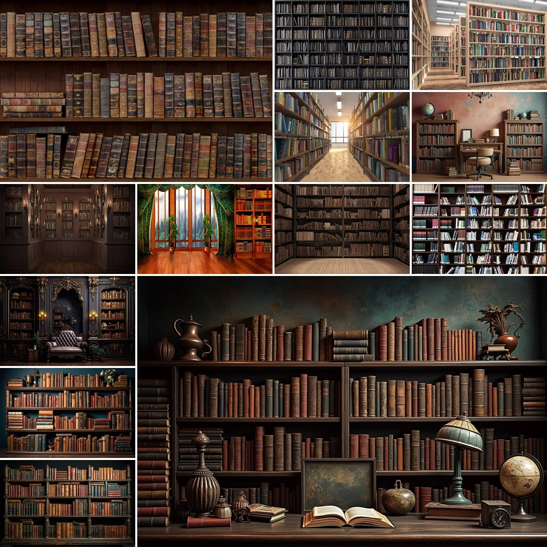 

MOON.QG Vintage Library Room Decor Background Globes Bookshelves Backdrop Kids Photography Accessories Wallpaper Photo Booth
