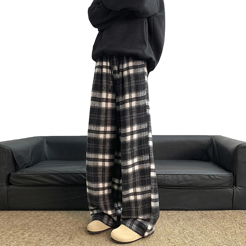 Fashion Plaid Pants Baggy Elastic Waist Hip Hop Loose Trousers  Korean Streetwear Wide-legged Pants Unisex Casual Trousers