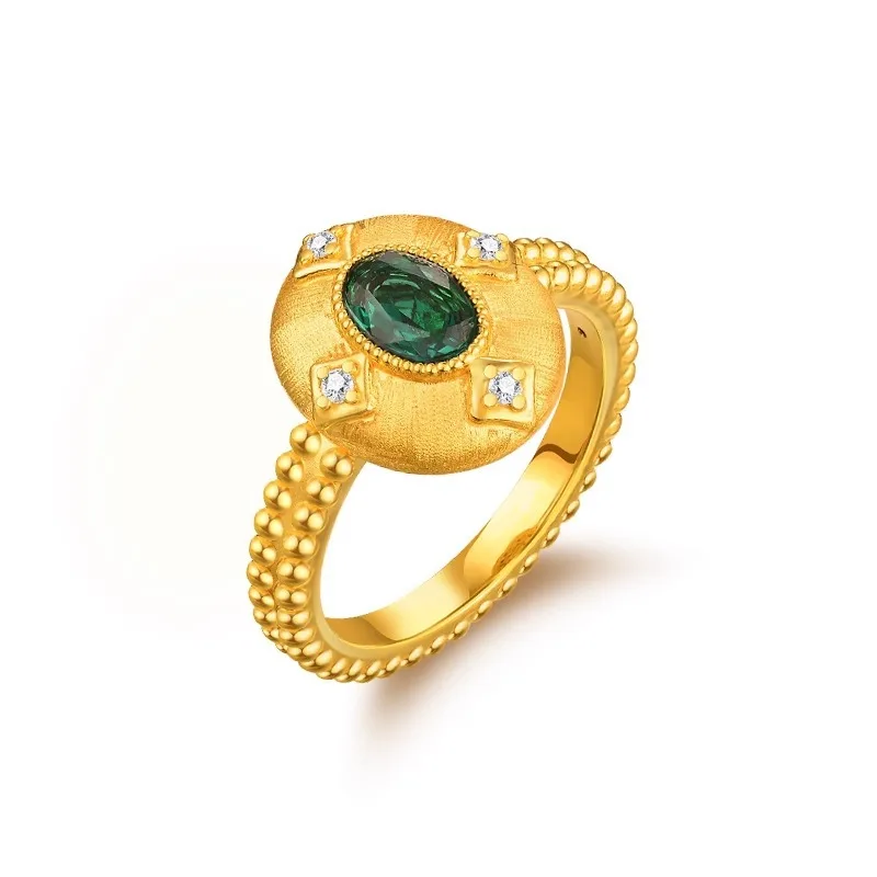 Luxury 24K 9999 Pure Gold real gold Women's Diamond Emerald Opening Ring