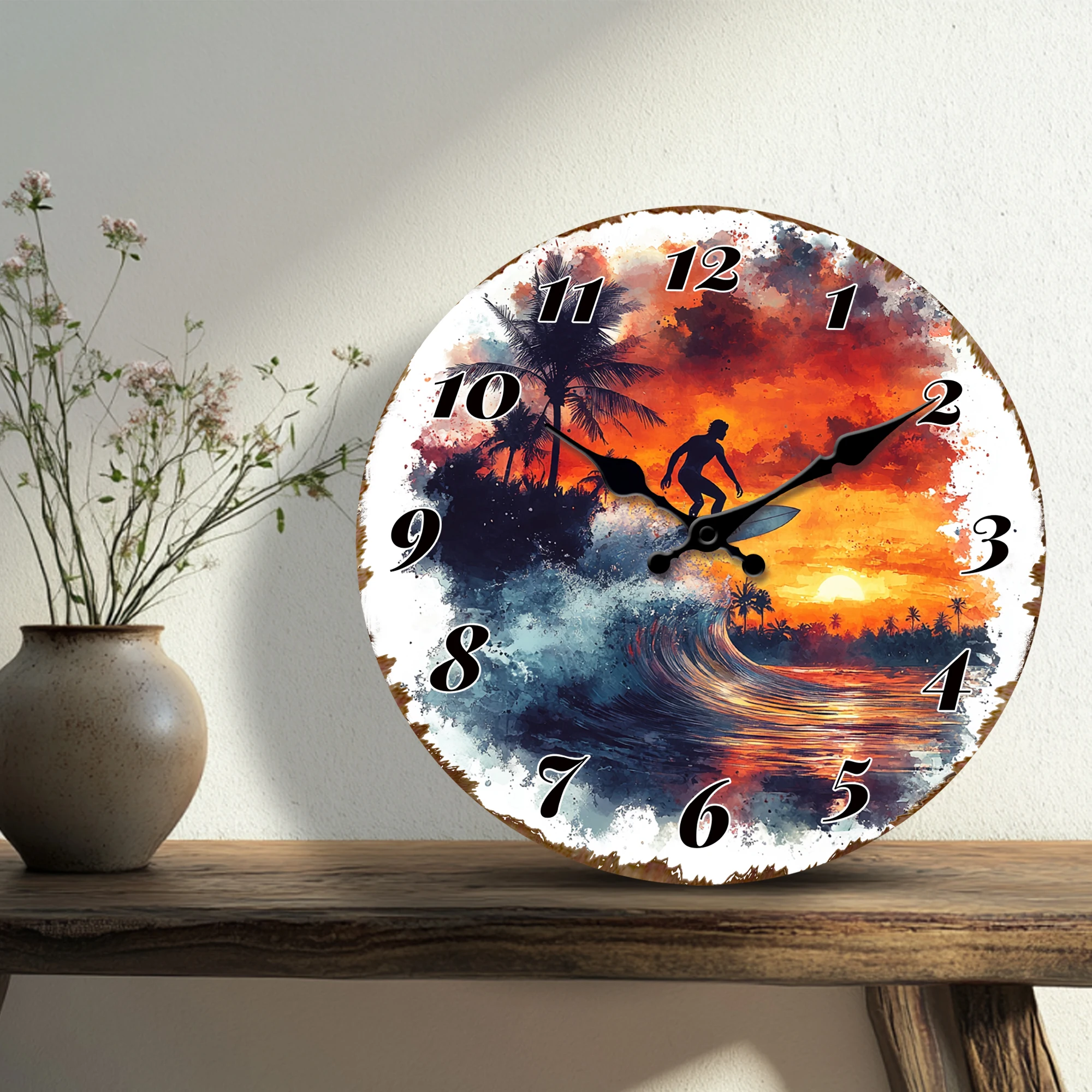 Surfer on Wave at Sunset Wall Clock, Tropical Beach Art Decorative Clock, Dynamic Water Sport Design Wall Watch for Surf Enthusi