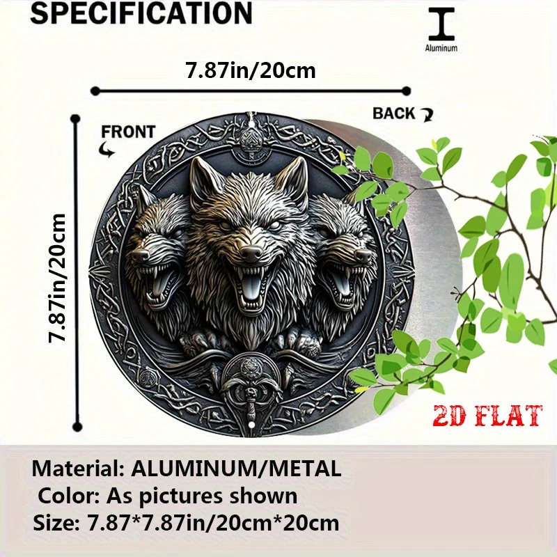 2D Flat, 1pc Wolf Faces Round Aluminum Sign - 19.99x19.99 cm Celtic Knotwork Metal Wall Art with Three Wolf Heads, Mythical Desi