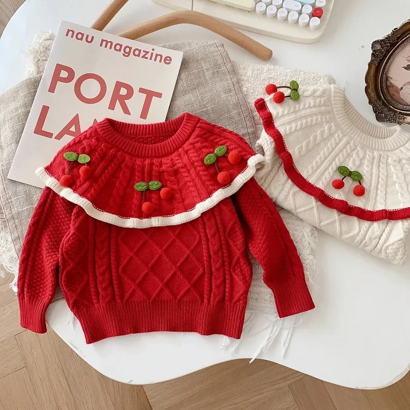 

Kawaii Sweater Princess Kids Baby Girs Sweater 0-5Years Children Long Sleeve Cape Collar Cherry Knitted Pullover Jumper Outwear