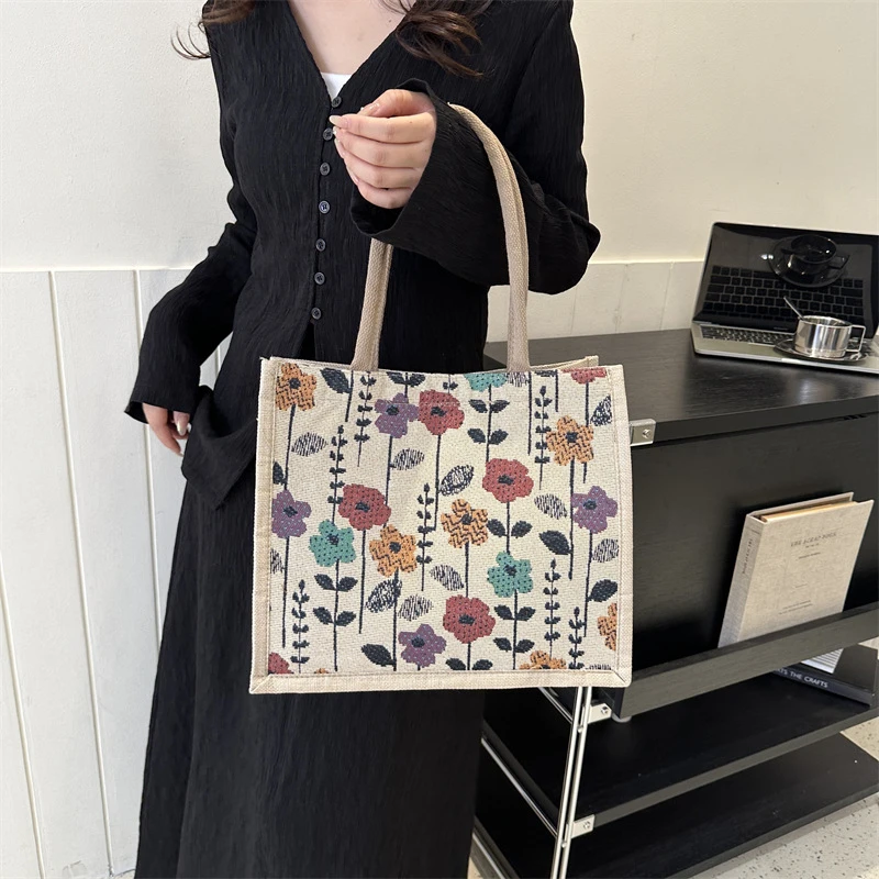 Fashion Floral Print Tote Bag Large Capacity Shopping Lunch Bag For Women Floral Print Canvas Shoulder Bag Big Shopper Bags