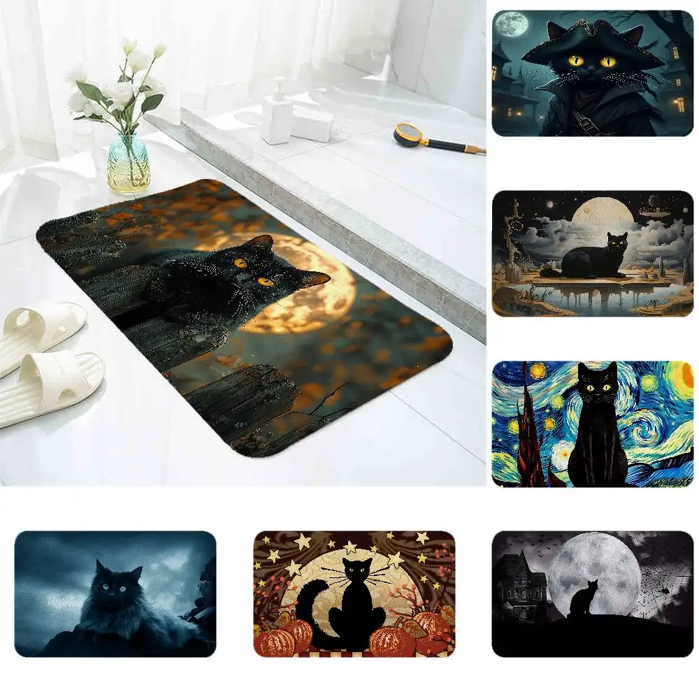 

Black Cat In Moonlight Stained Floor Mat For Entrance Bedroom Washroom Bathroom Doorway Soft Absorbent Non-Slip Foot Mats