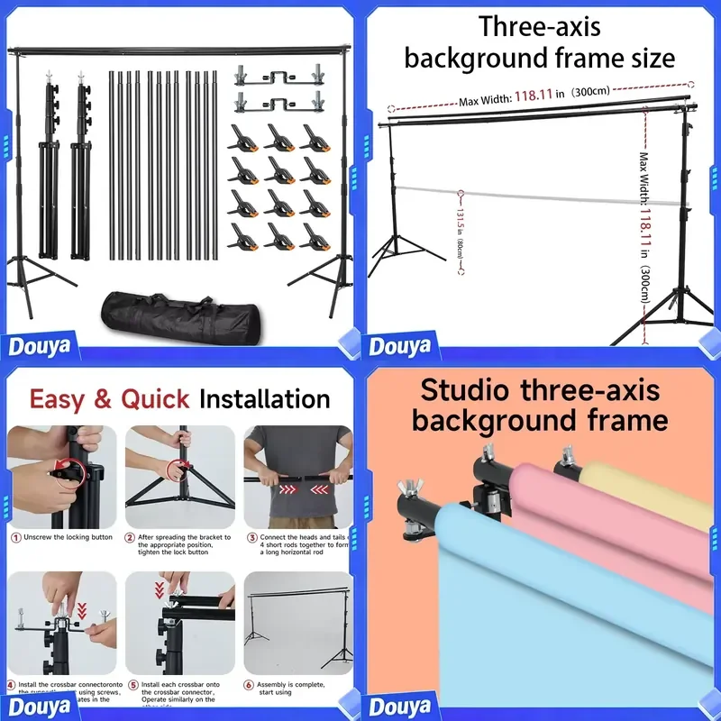 Adjustable 10x10ft Three-Axis Metal Background Stand with Portable Bag for Studio Party Wedding Photography