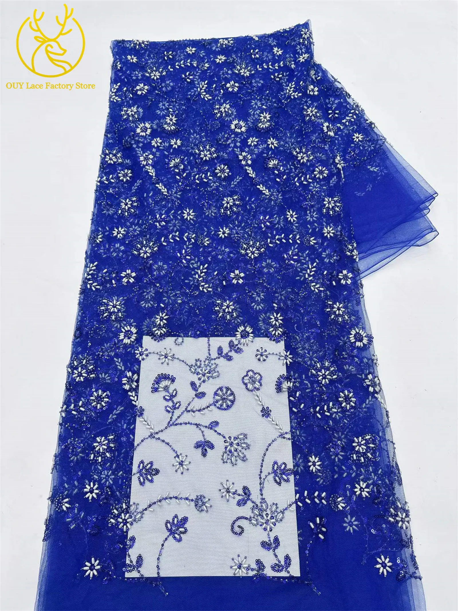 Königsblauer luxuriöser handgefertigter Perlen-Spitzenstoff, 5 Yards, hochwertiger französischer Tüll-Pailletten-Spitzenstoff für Party- und Hochzeitskleider – Detail 25
